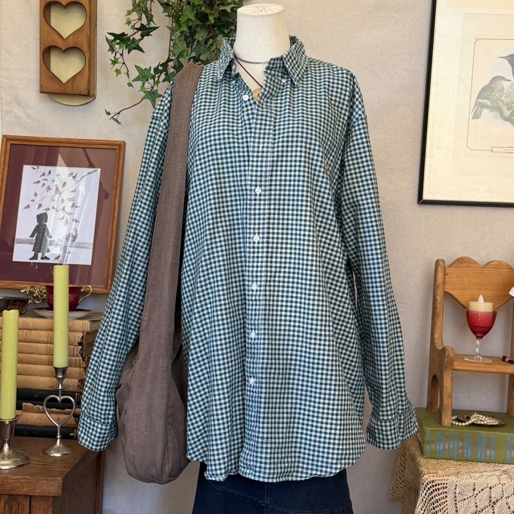 Green Gingham Cotton Shirt Oversized Cottagecore XLT Indie Grunge Granola Layer